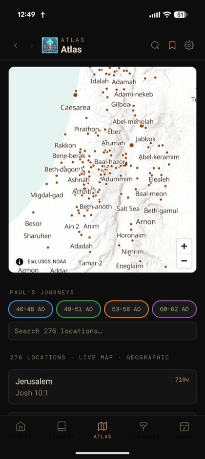 Interactive Holy-Land atlas with biblical places