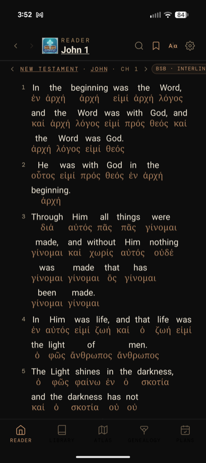 Interlinear Greek text below each word in John 1